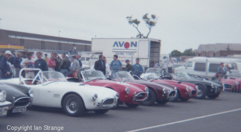 AC Cobra line-up at Donnington, 1990