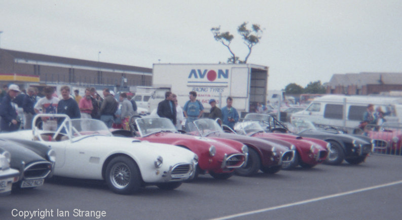 AC Cobra line-up at Donnington, 1990